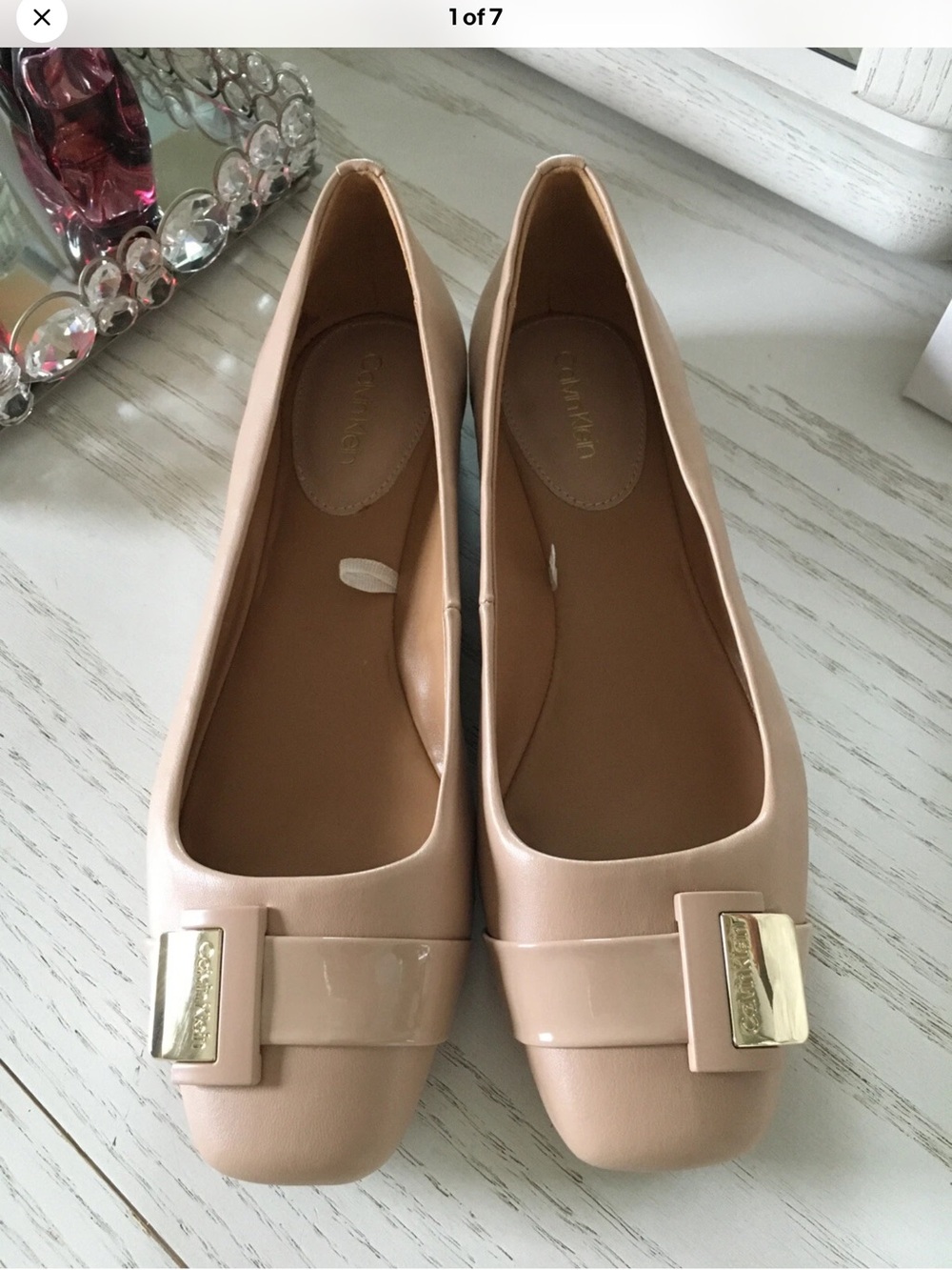 Calvin Klein Nude Patent Leather Ballet Flats with Gold Accent Sz 8.5
